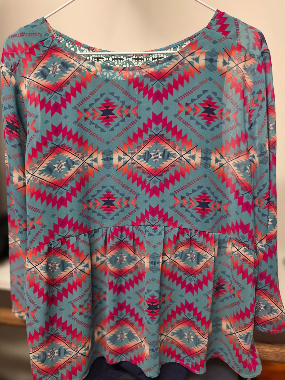 Old Navy Teal Aztec Peplum Tunic with Pink and Coral Accents